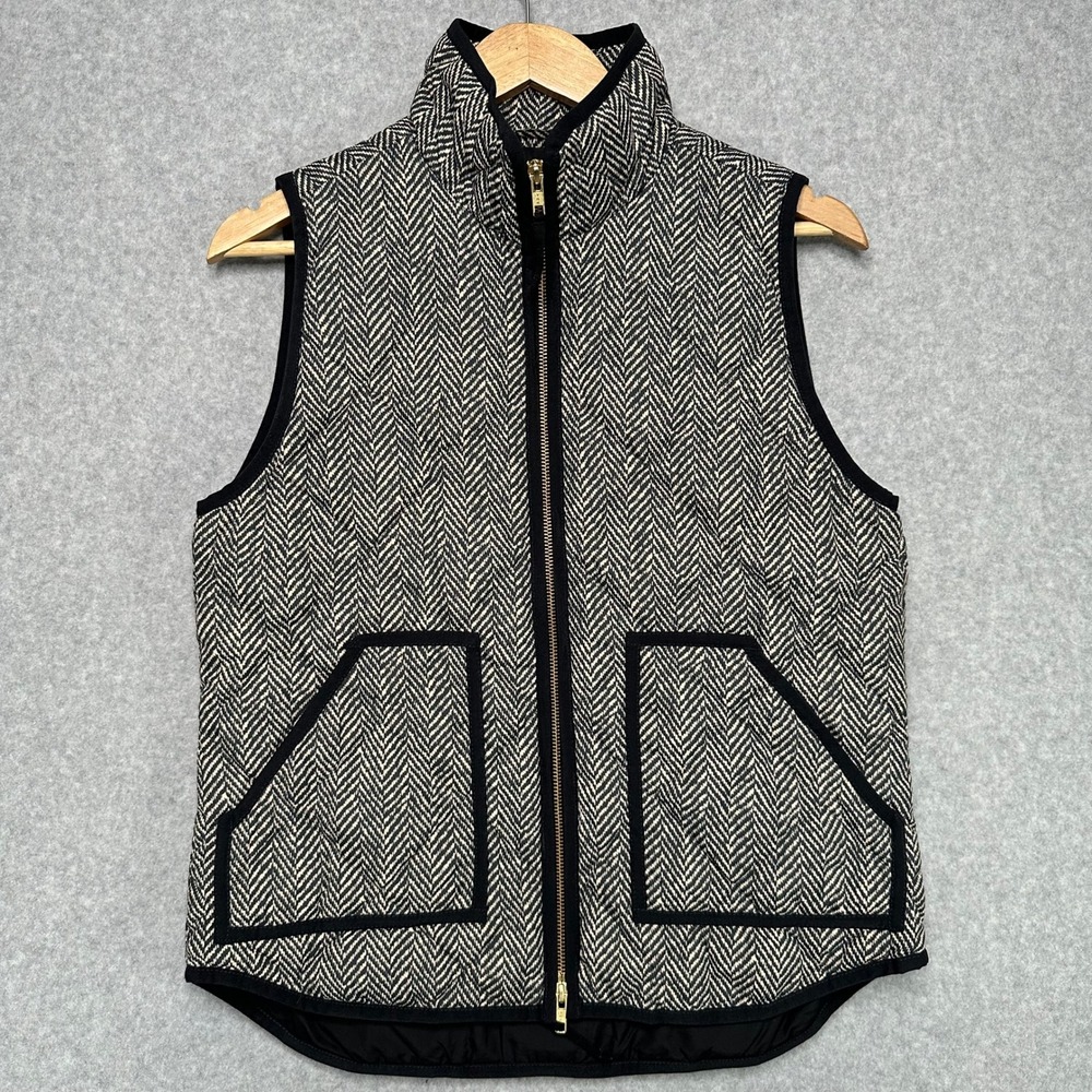 J Crew Vest Womens S Black Cream Herringbone Print Puffer Quilted Down Feather